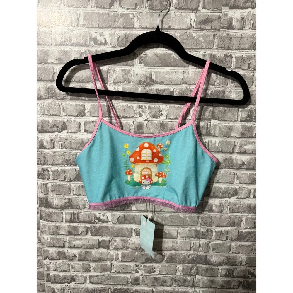 Hello Kitty and Friends Mushroom Bralette Aqua Pink Lace Trim Crop Top LG NWT